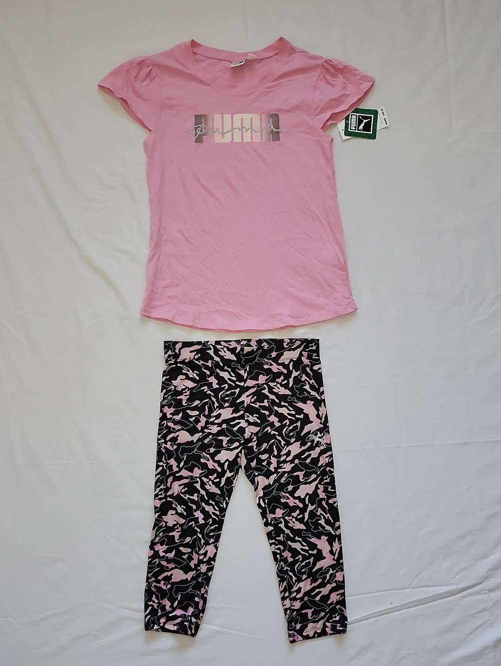 NWT Puma Girls Pink Graphic Tee & Camo Leggings Outfit Set Size Large L